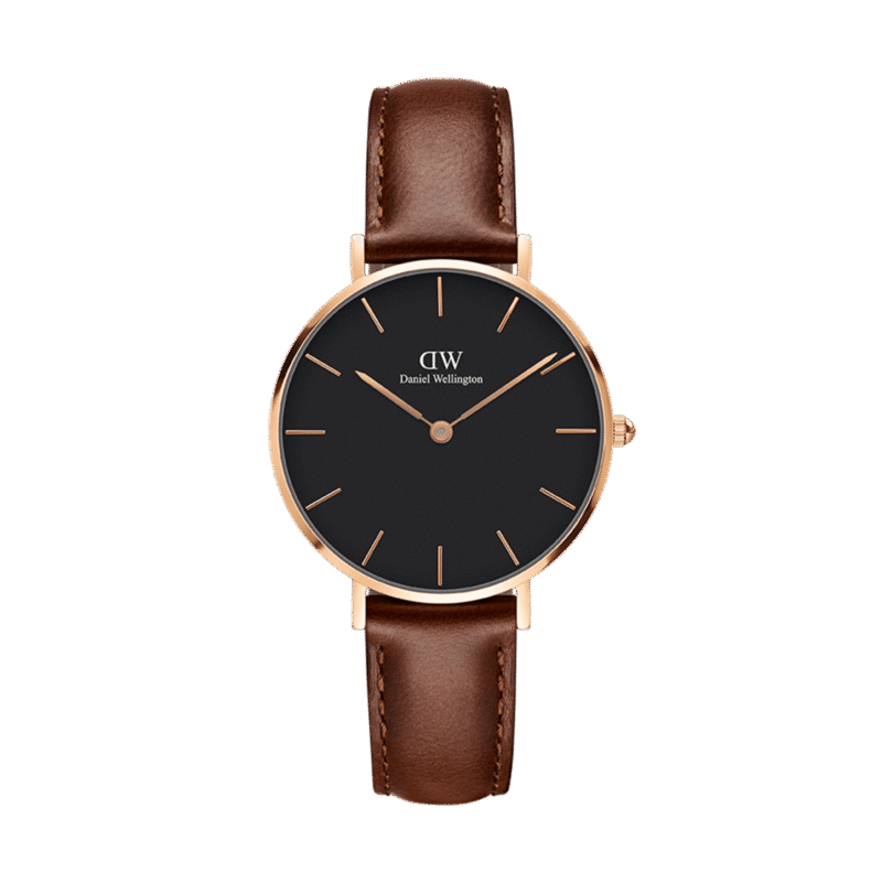 Daniel Wellington Classic Petite St Mawes DW00100225 Women's 28mm Rose Gold Quartz Watch - Black Dial, Brown leather Strap