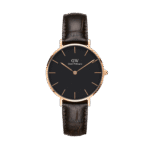 Daniel Wellington Classic Petite York DW00100226 Women's 28mm Rose Gold Quartz Watch - Black Dial, Dark brown croc-embossed leather Strap