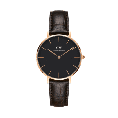 Daniel Wellington Classic Petite York DW00100226 Women's 28mm Rose Gold Quartz Watch - Black Dial, Dark brown croc-embossed leather Strap