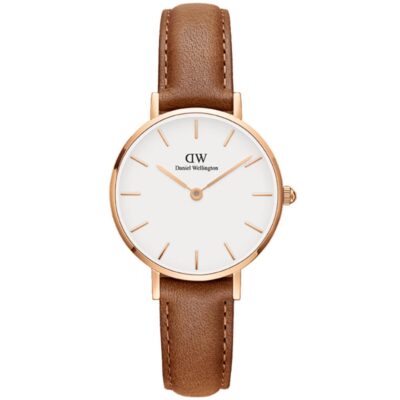 Daniel Wellington Classic Petite Durham DW00100228 Women's 28mm Rose Gold Quartz Watch - Eggshell White Dial, Brown Leather Strap