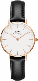 Daniel Wellington Classic Petite Sheffield DW00100230 Women's 28mm Rose Gold Quartz Watch - White Dial, Black Leather Strap