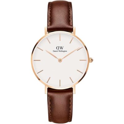 Daniel Wellington Classic Petite St Mawes DW00100231 Women's 28mm Rose Gold Quartz Watch - Eggshell White Dial, Brown Leather Strap