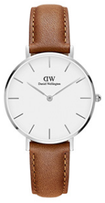 Daniel Wellington Classic Petite Durham DW00100234 Women's 28mm Silver Watch - Black Dial, Light Brown Leather Strap