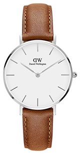 Daniel Wellington Classic Petite Durham DW00100234 Women's 28mm Silver Watch - Black Dial, Light Brown Leather Strap