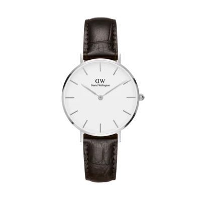 Daniel Wellington Women Stainless steel Formal Watch 28mm - Silver tone and White, Dark Brown Leather Strap (DW00100244)