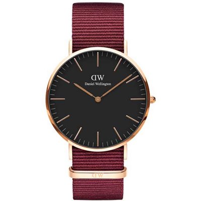 Daniel Wellington Classic Roselyn DW00100269 Unisex 40mm Rose Gold Stainless Steel Quartz Watch - Black Dial, Burgundy Red NATO Strap