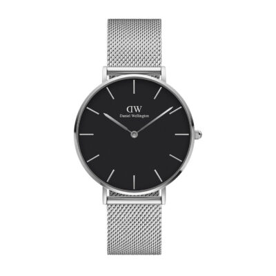 Daniel Wellington Petite Sterling DW00100304 Women's 36mm Silver Quartz Watch - Black Dial, Silver Stainless Steel Mesh Bracelet