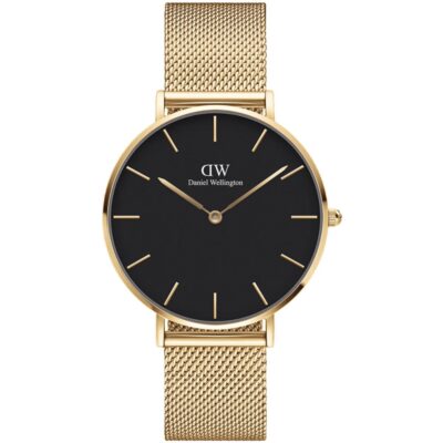 Daniel Wellington Petite DW00100349 Women's 28mm Quartz Watch - Black Dial, Gold Stainless Steel Mesh Bracelet